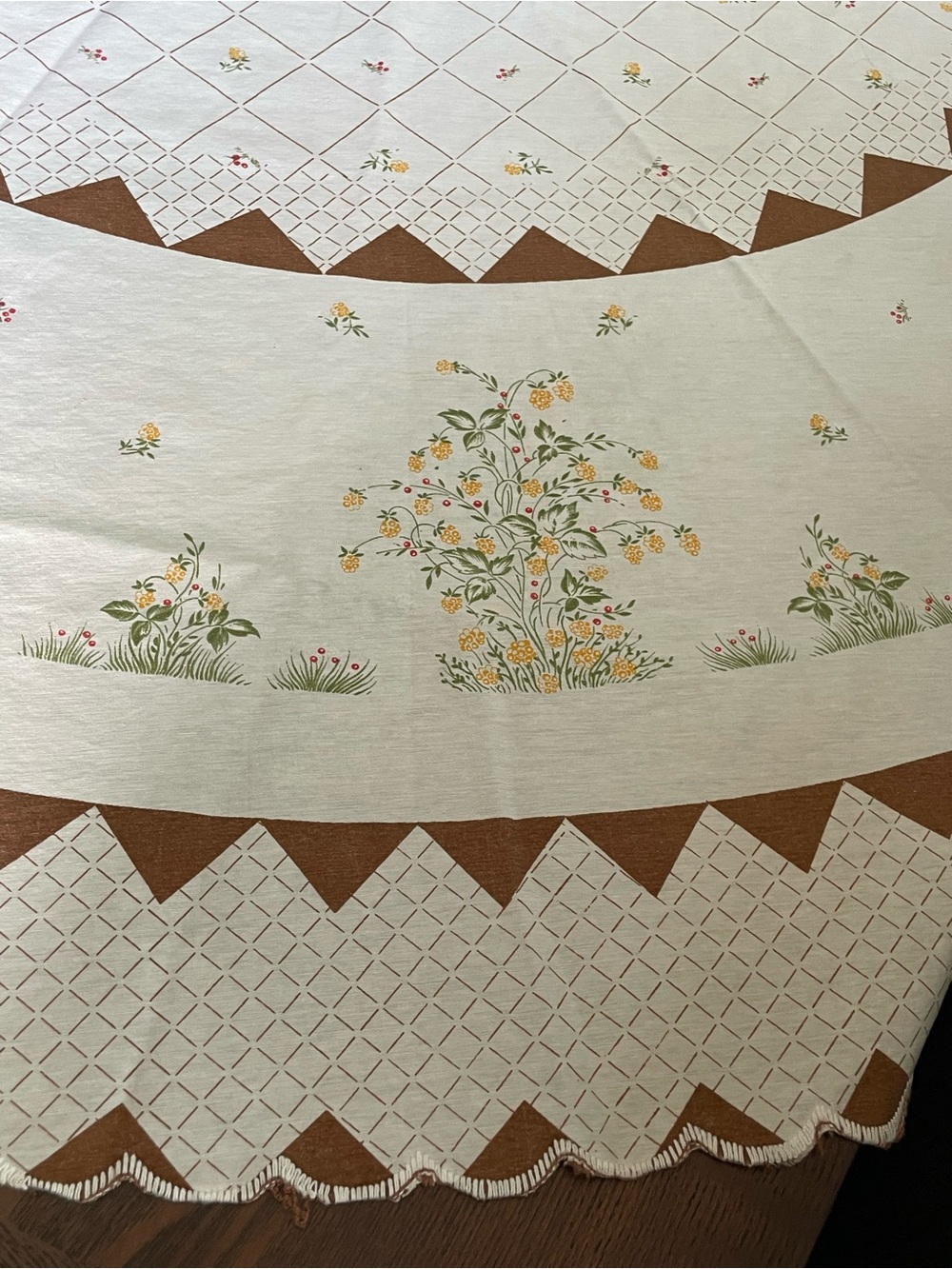 Vintage Floral Embroidered Round Tablecloth in Cream and Brown 60 inch